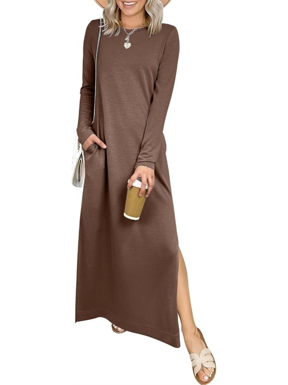 Elegant Long Sleeve Fall Maxi Dress with Pockets & Wrinkle-Free Comfort